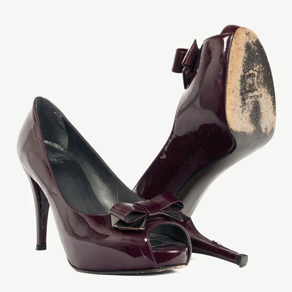 Stuart Weitzman Spice Plum Quasar Patent-Leather Bow Peep-Toe Pumps - Picture 4 of 10